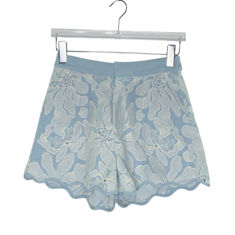 Entro Janice Shorts S Floral Embroidered High Waist Scallop Hem Blue